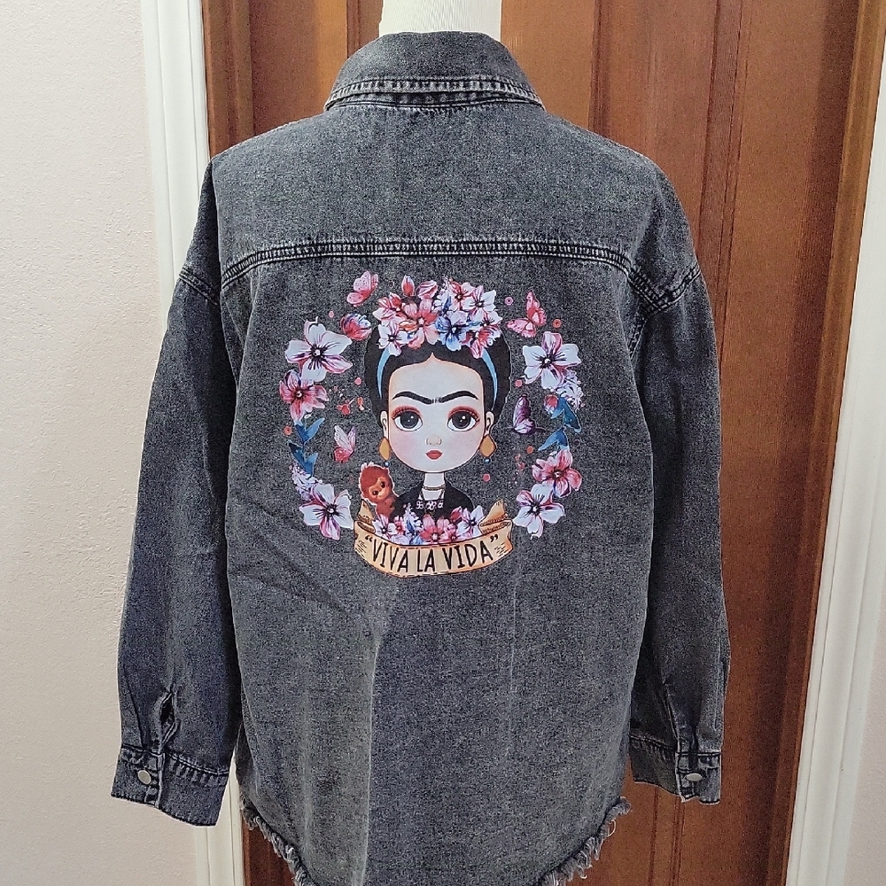 Viva La Vida Printed Women's Denim Jacket With Pearl Detail - Picture 1 of 6